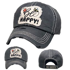 "Bee Happy"  Distressed Vintage Baseball Hat